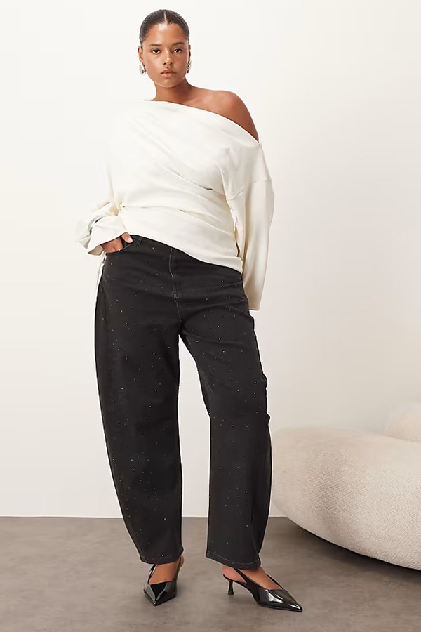 Curve Eden Barrel Leg High Waist Hotfix Jeans from ARRANGE