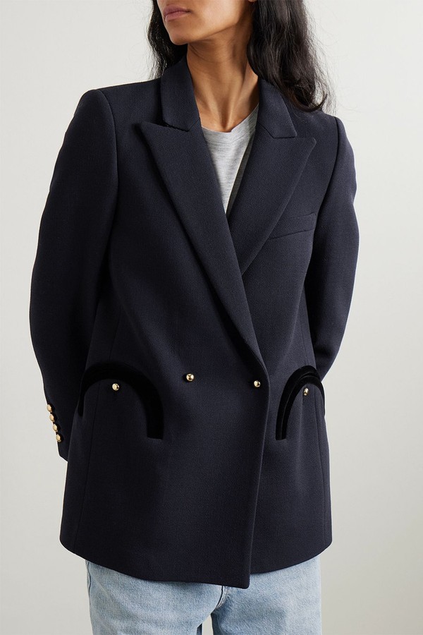 Resolute Everyday Double-Breasted Velvet-Trimmed Wool-Crepe Blazer from Blazé Milano