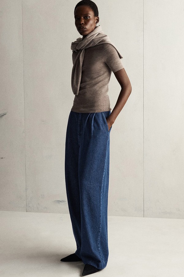 Pleated Wide-Leg Denim Trousers