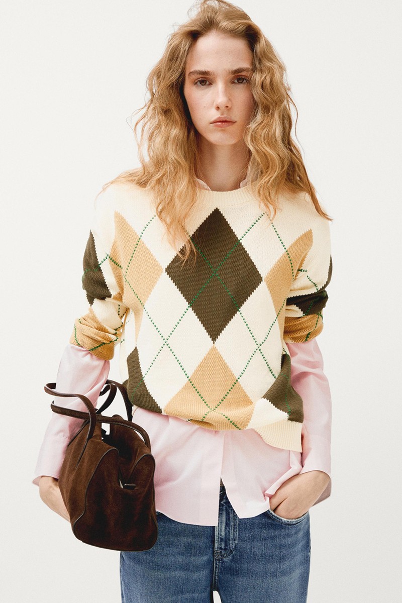 Cotton Knit Sweater With Argyle Detail 