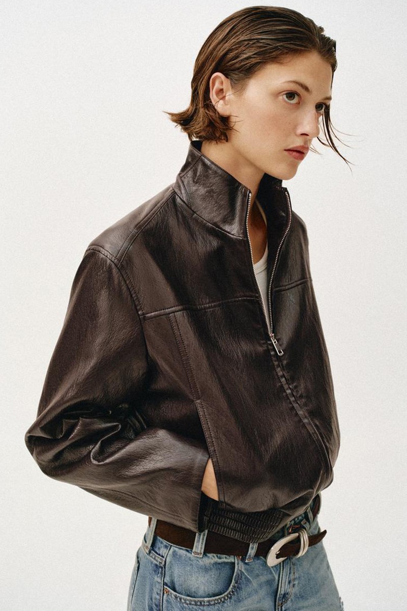 Cropped Leather Effect Bomber Jacket