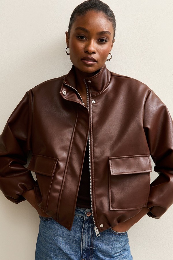 Faux Leather Funnel Neck Bomber Jacket
