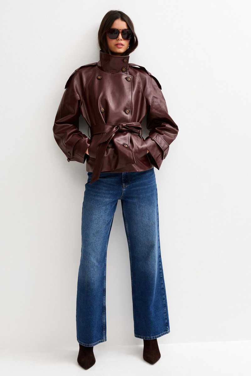 Faux Leather Belted Funnel Neck Jacket