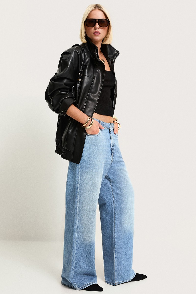 Faux Leather Funnel Neck Oversized Jacket