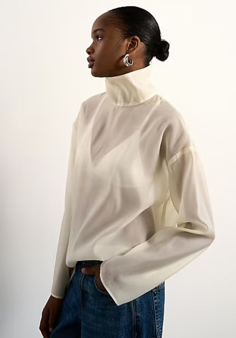 Funnel Neck Long Sleeve Organza Top 