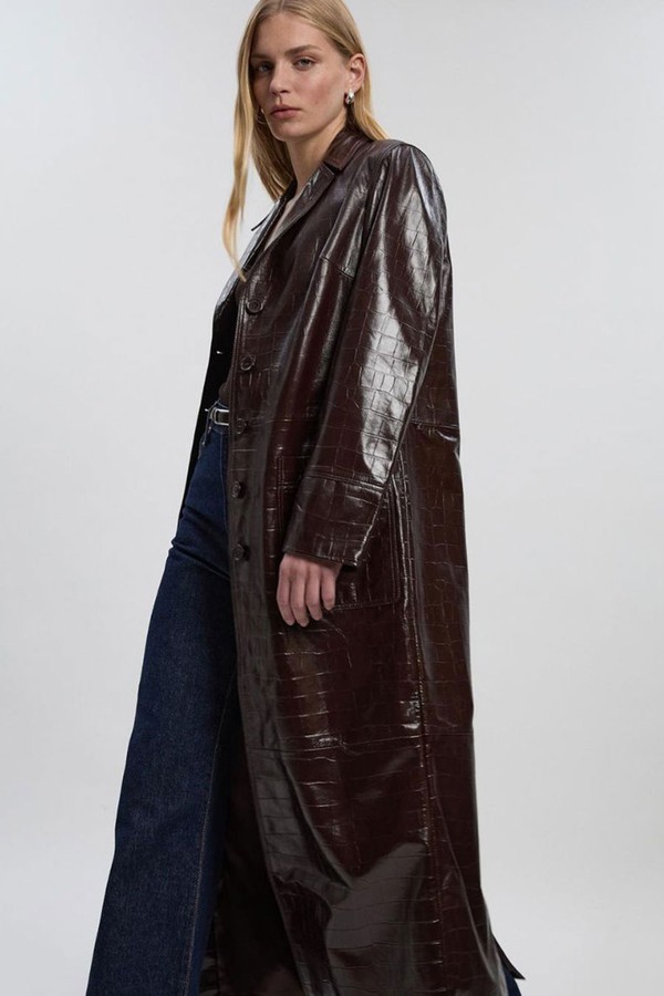 High Shine Croc Embossed Leather Belted Trench Coat from Karen Millen