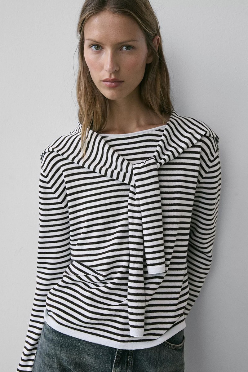 Striped Knit Sweater With Sleeve Detail from Massimo Dutti