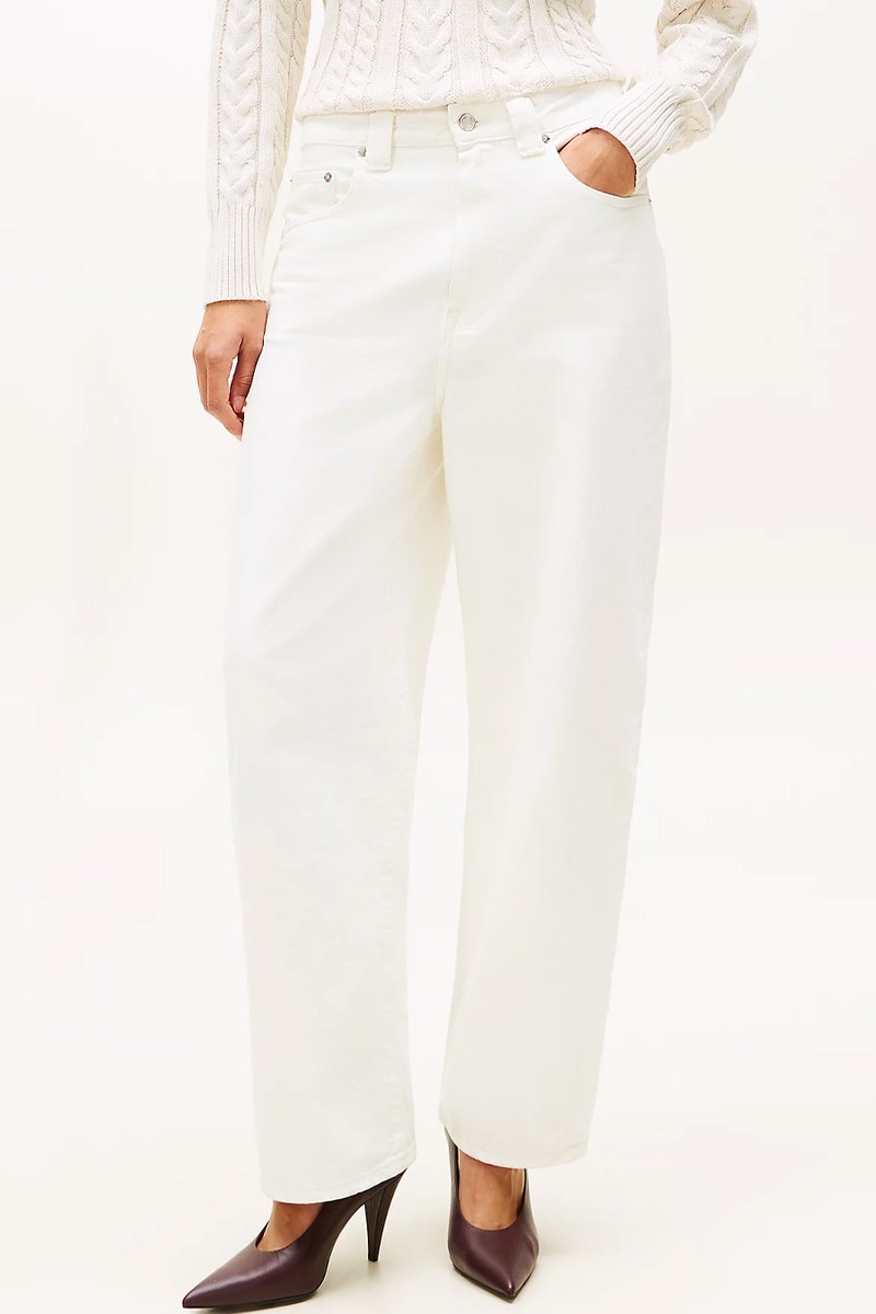 Mid Rise Tapered Barrel Leg White Jeans