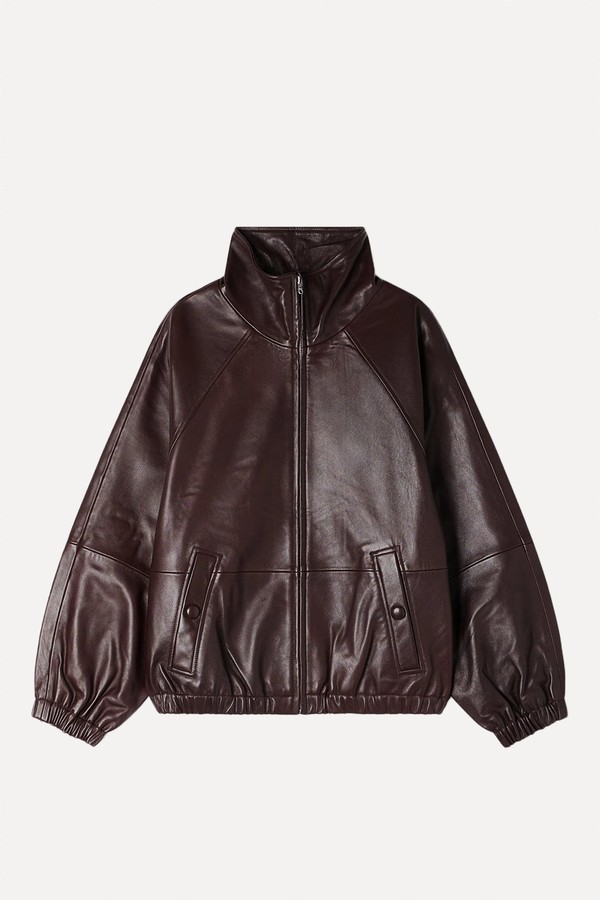Zipped Funnel-Neck Leather Jacket from Sandro