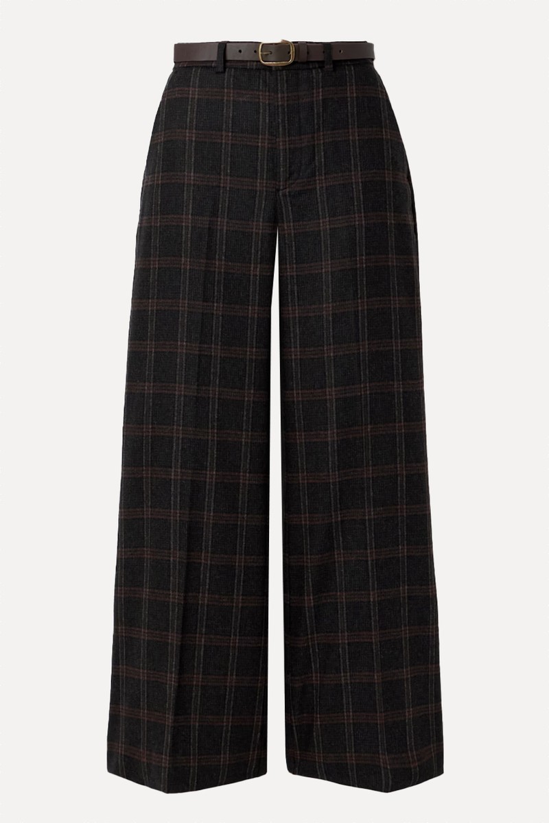 Monroe Belted Checked Wool-Blend Wide-Leg Pants from SEA