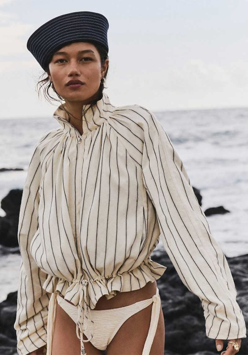 Devon Striped Balloon Funnel-Neck Jacket*