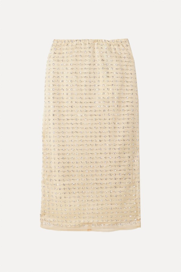 Ciara Layered Embellished Tulle Midi Skirt from Staud