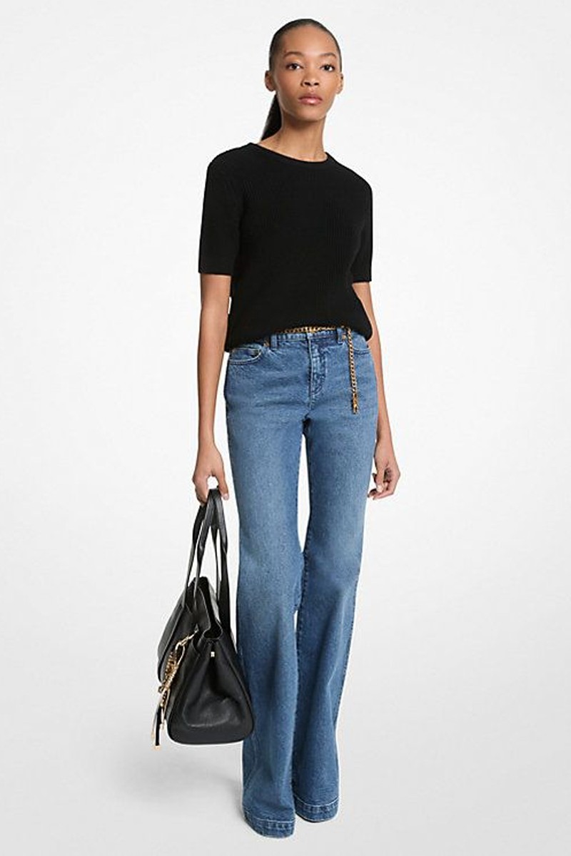 Stretch Cotton Belted Flared Jeans