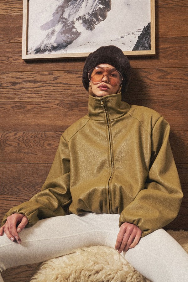 Funnel Neck Balloon Hem Faux Leather Jacket