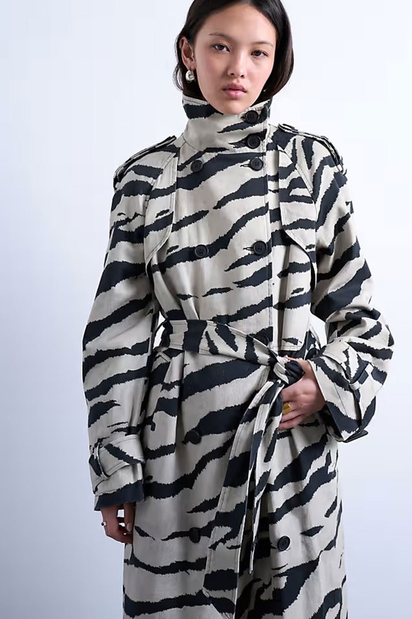 Zebra Print Funnel Neck Trench Coat from Topshop