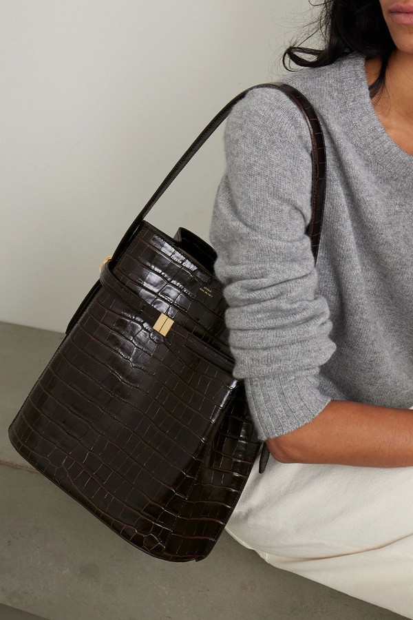 Belted Crocodile-Effect Leather Bucket Bag from Toteme