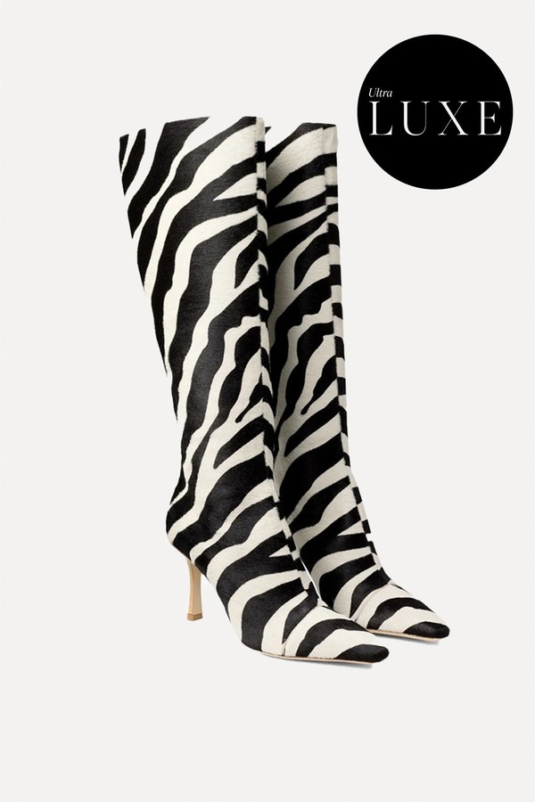 Gloria 85 Pony Hair Zebra Knee-High Boots from Jimmy Choo x Conner Ives 